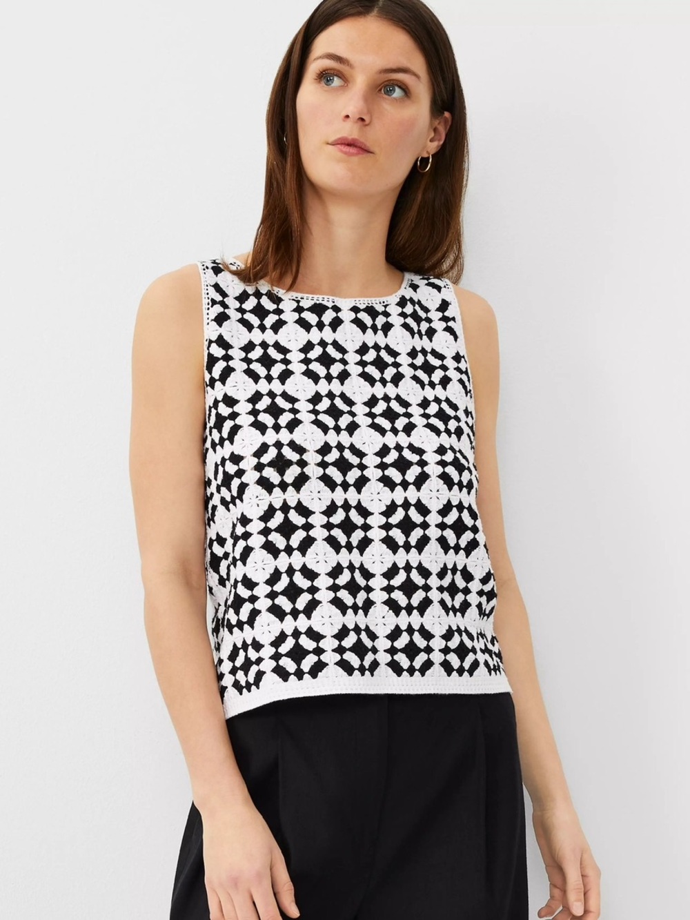 Ann Taylor Crochet Sweater Shell Top Sleeveless Fitted Cotton Contrast M Medium